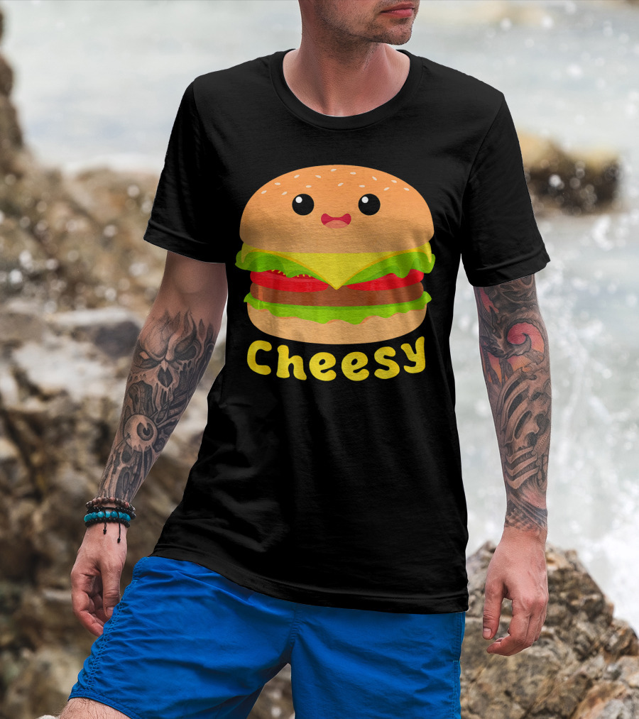 Cheesy Cute Funny Cheese Burger Food Pun Adorable Smiling Burger T-Shirt