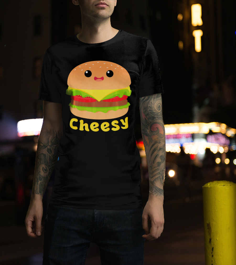 Cheesy Cute Funny Cheese Burger Food Pun Adorable Smiling Burger T-Shirt