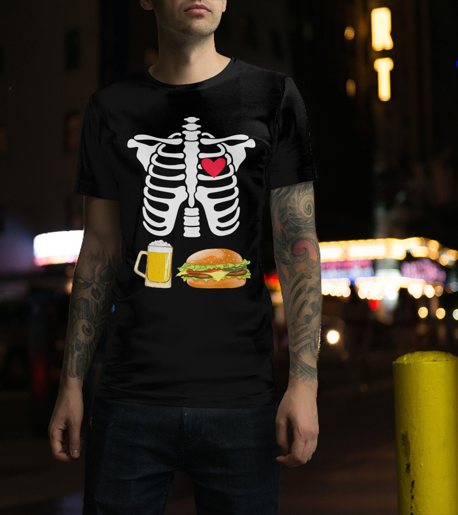 Beer And Burger Heart Ribcage Skeleton T-Shirt