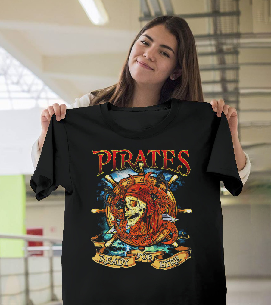 Pirates Ready For Hire Skull With Red Bandana Steering Wheel T-Shirt