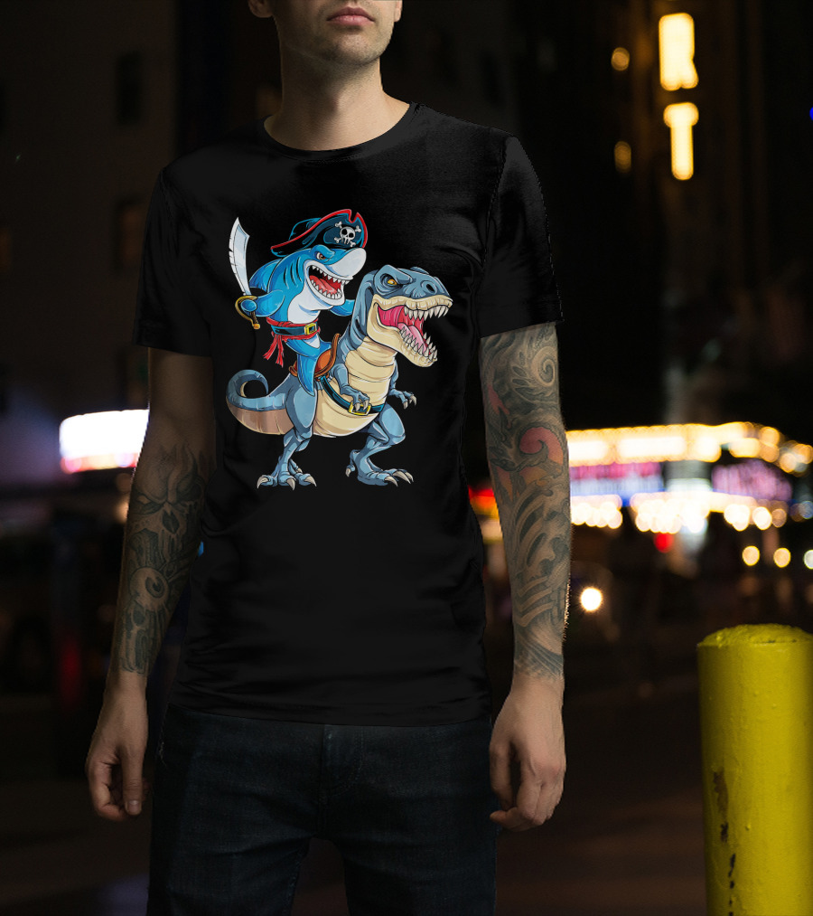 Pirate Shark Riding A Dinosaur T-Rex Jaws T-Shirt