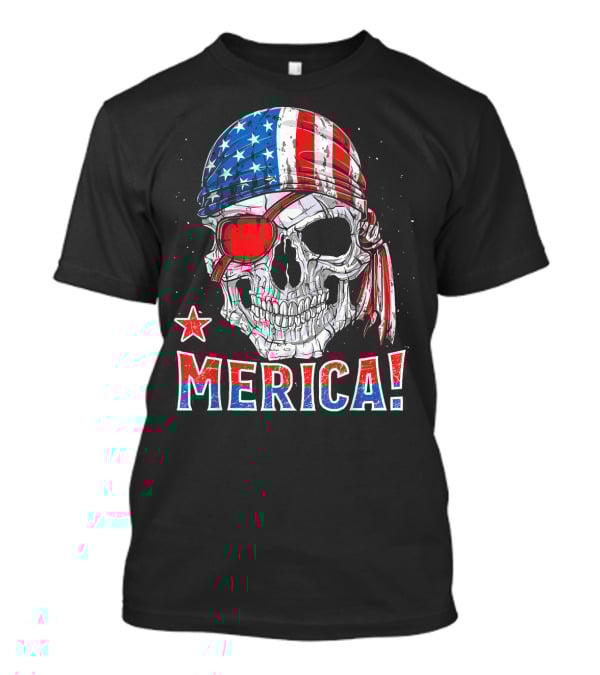 Merica Pirate Skull With American Flag Bandana And Red Eyepatch T-Shirt