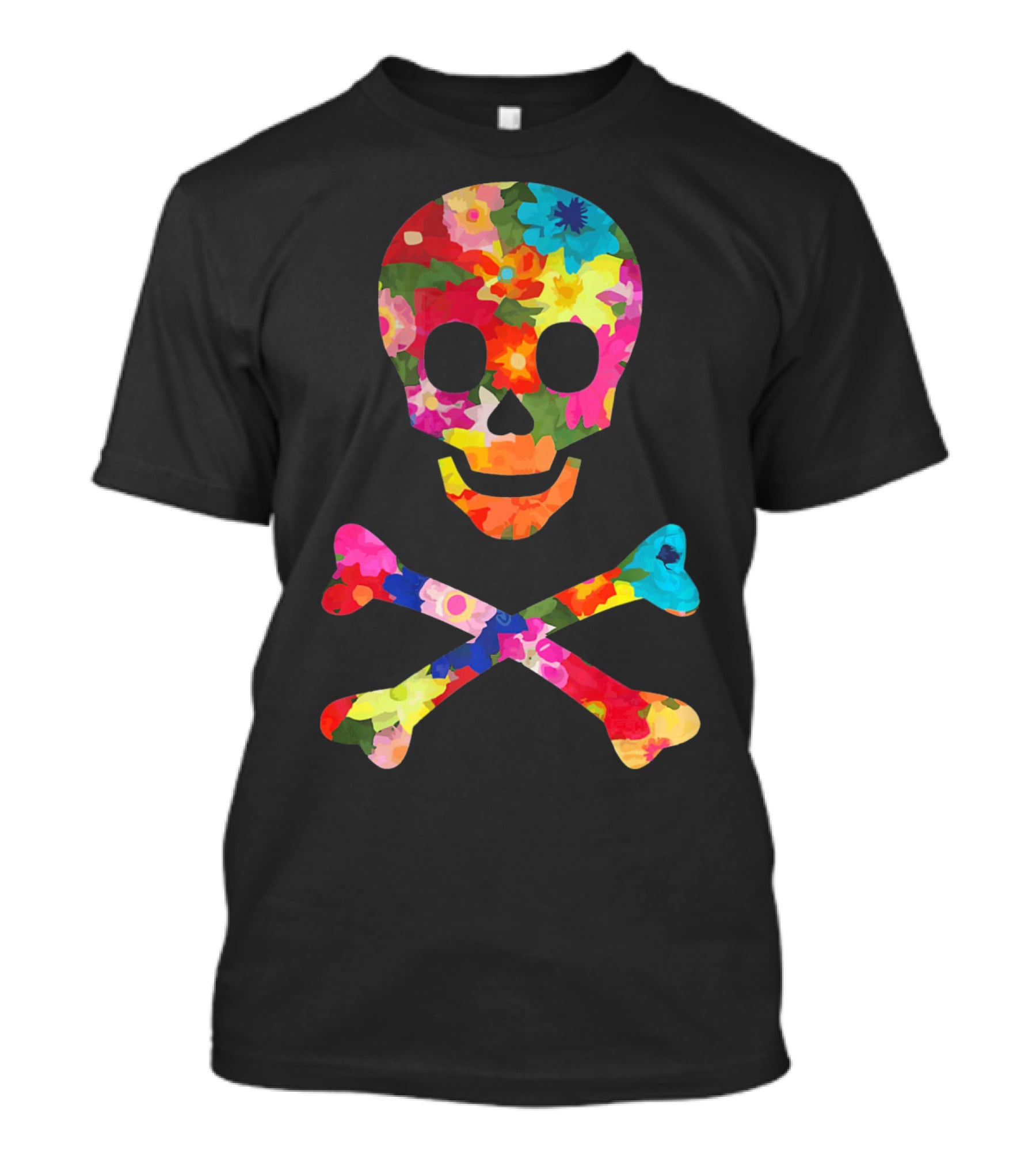 Flower Skull And Crossbones Funky Pirate Multicolor Floral T-Shirt