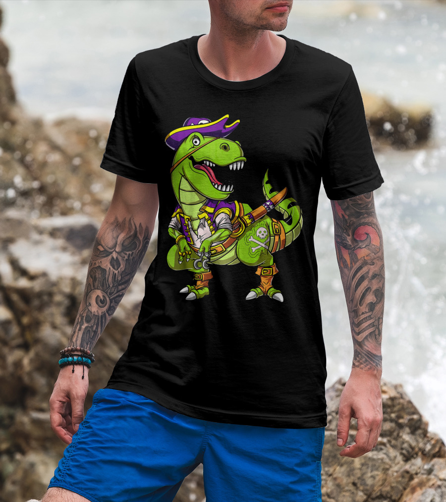 T Rex Dinosaur Pirate Captain With Hat And Hook In Green And Purple T-Shirt