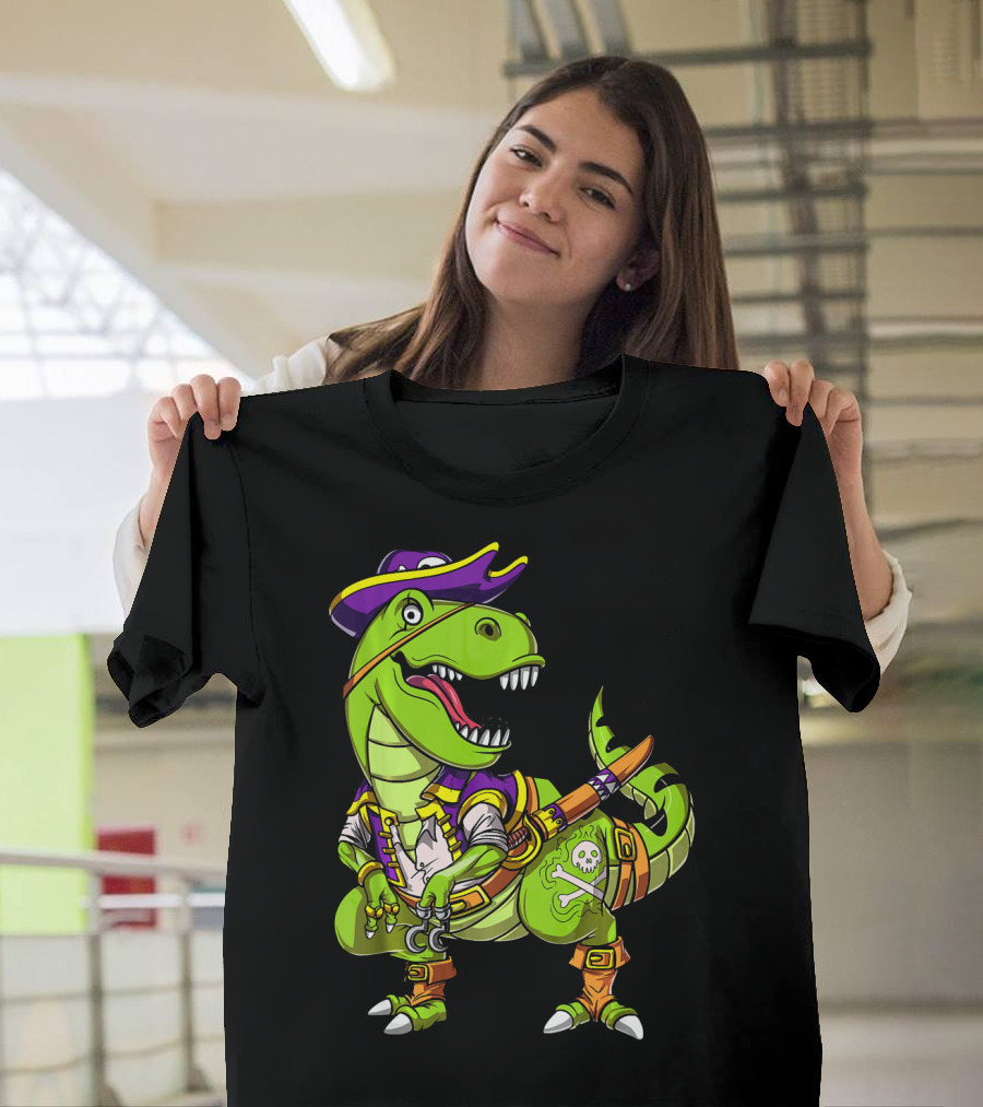 T Rex Dinosaur Pirate Captain With Hat And Hook In Green And Purple T-Shirt