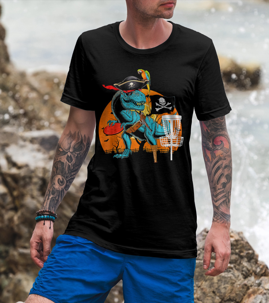 Jolly Roger Pirate Dinosaur Disc Golf Adventure T-Shirt