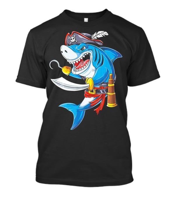 Shark Pirate Costume Jolly Roger Flag With Hook And Sword T-Shirt