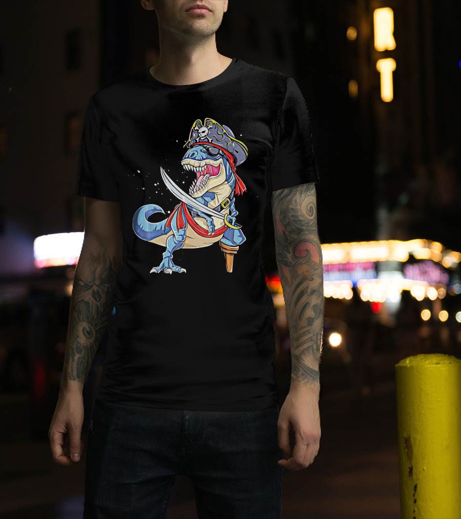 Pirate Dinosaur With Sword And Skull Hat T-Shirt