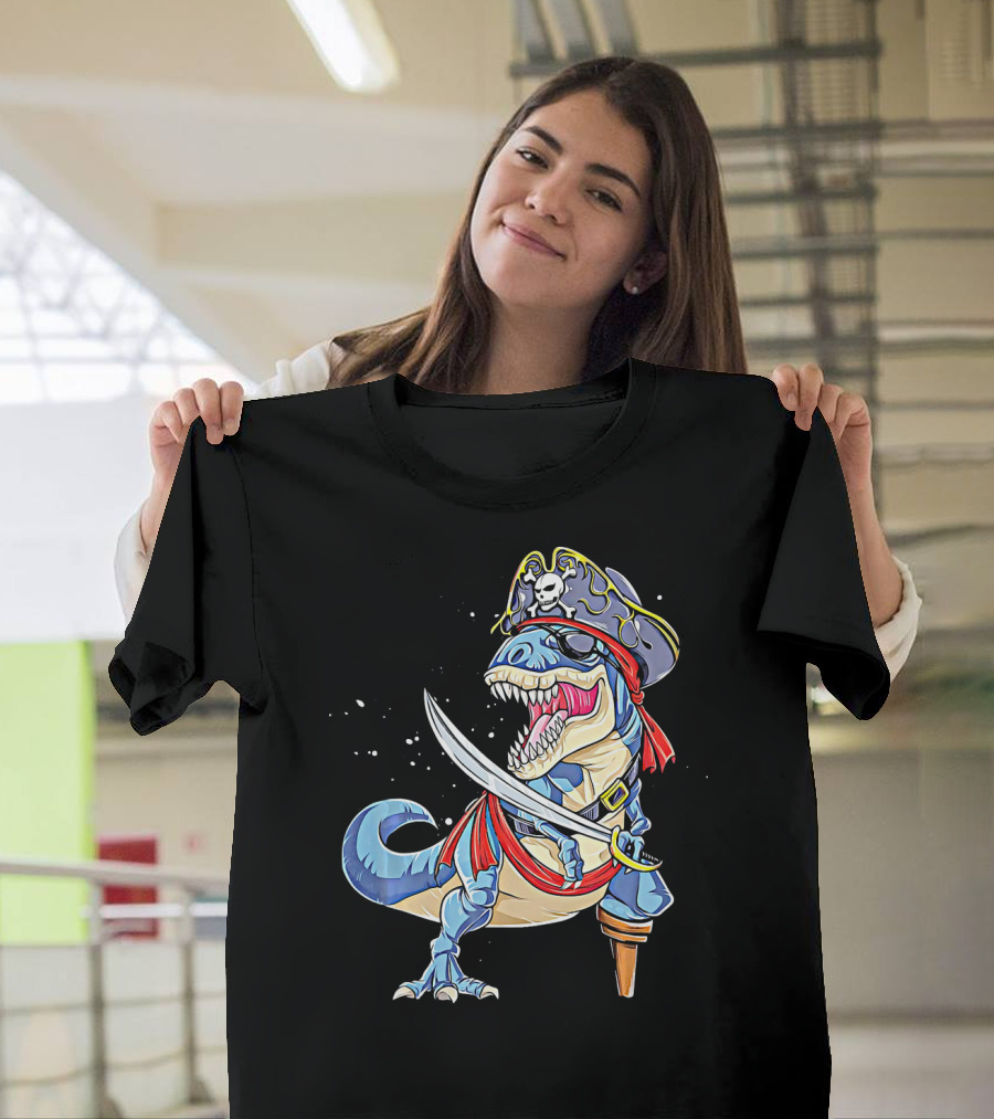 Pirate Dinosaur With Sword And Skull Hat T-Shirt
