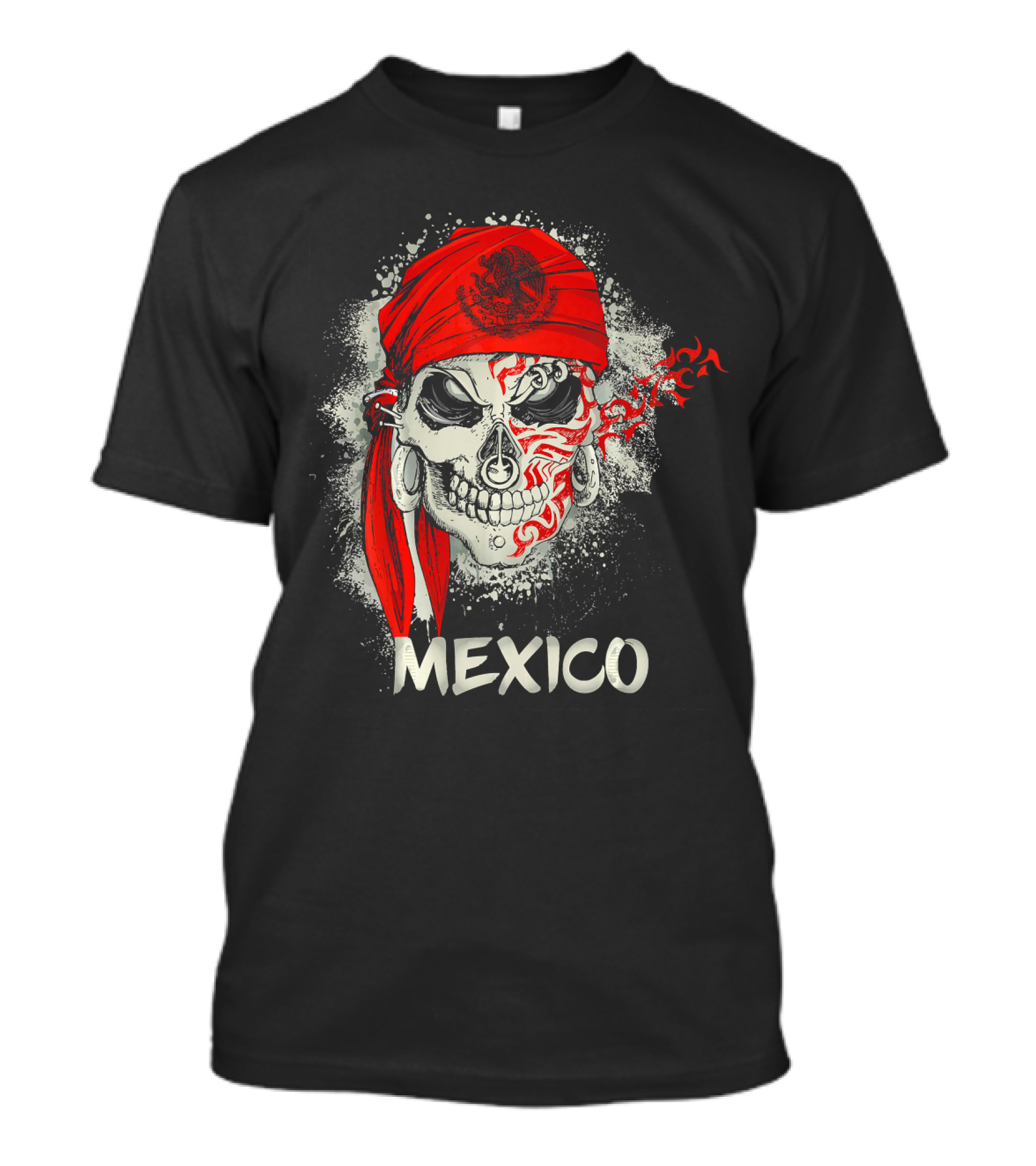 Mexico Skull With Red Bandana And Serpent Emblem T-Shirt