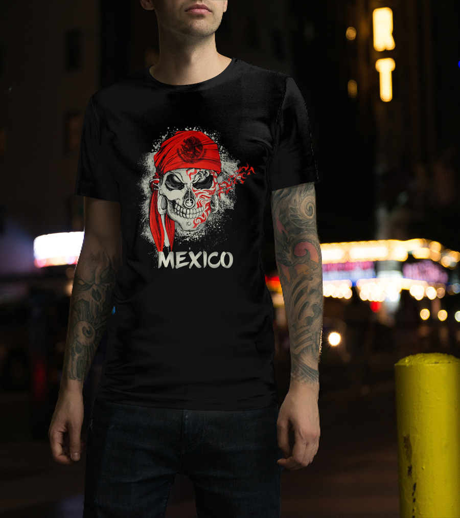 Mexico Skull With Red Bandana And Serpent Emblem T-Shirt