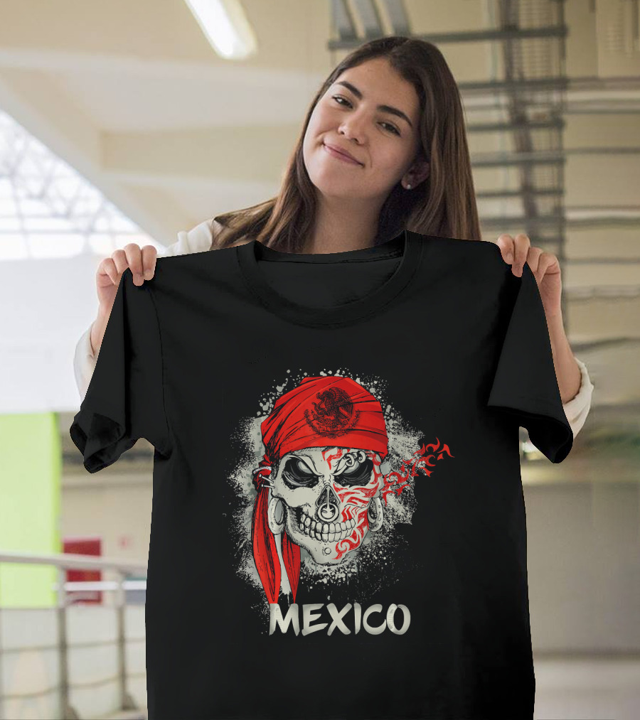 MEXICO SKULL WITH RED BANDANA AND SERPENT EMBLEM T-Shirt
