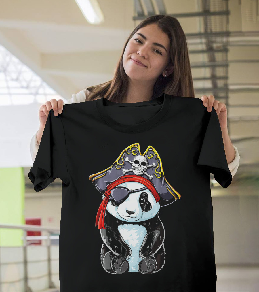 Panda Pirate Jolly Roger Skull Crossbones Eyepatch Bandana Hat T-Shirt