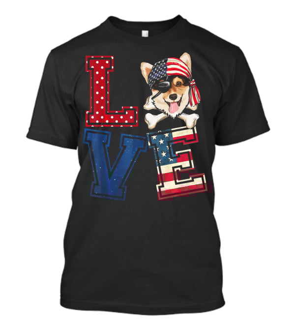LOVE Corgi Pirate Face With American Flag Bandana And Lettering T-Shirt