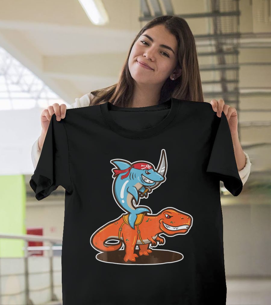 Pirate Shark Riding A T-Rex Dinosaur Adventure T-Shirt