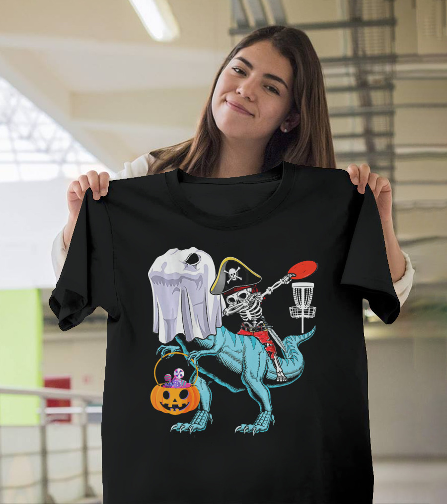Dab Jolly Roger Skeleton Pirate on Dinosaur with Ghost Pumpkin and Frisbee T-Shirt