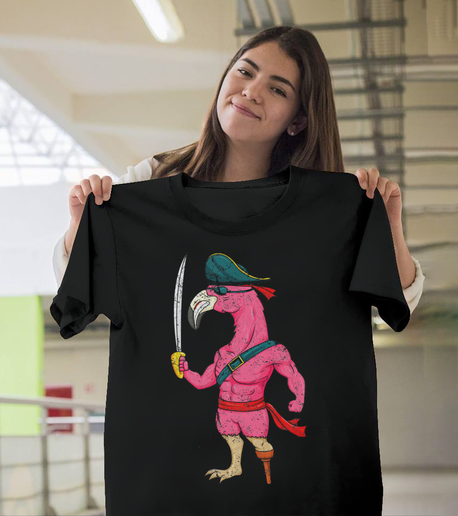 Vintage Pirate Pink Flamingo With Pirate Hat And Wooden Leg Sword T-Shirt
