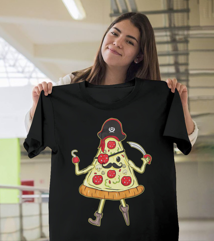 Funny Mustache Pirate Pizza Slice With Hook And Sword T-Shirt