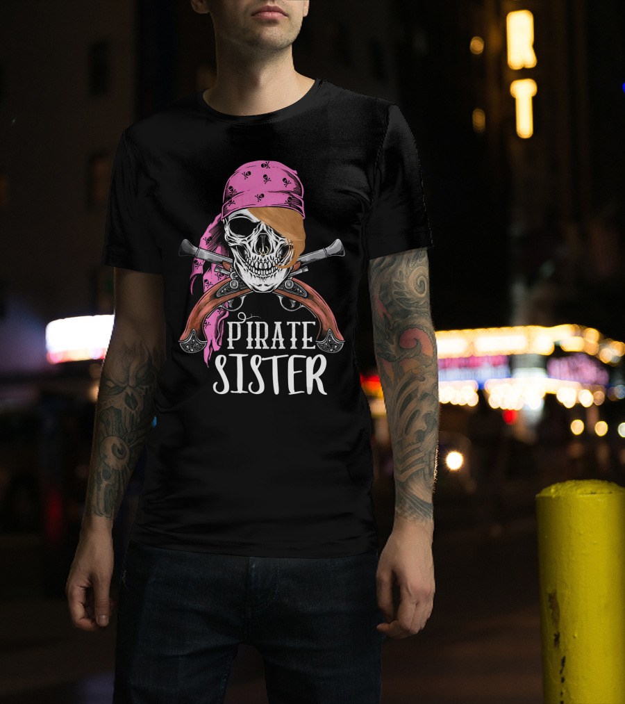 Pirate Sister Skull With Pink Bandana And Crossed Pistols T-Shirt