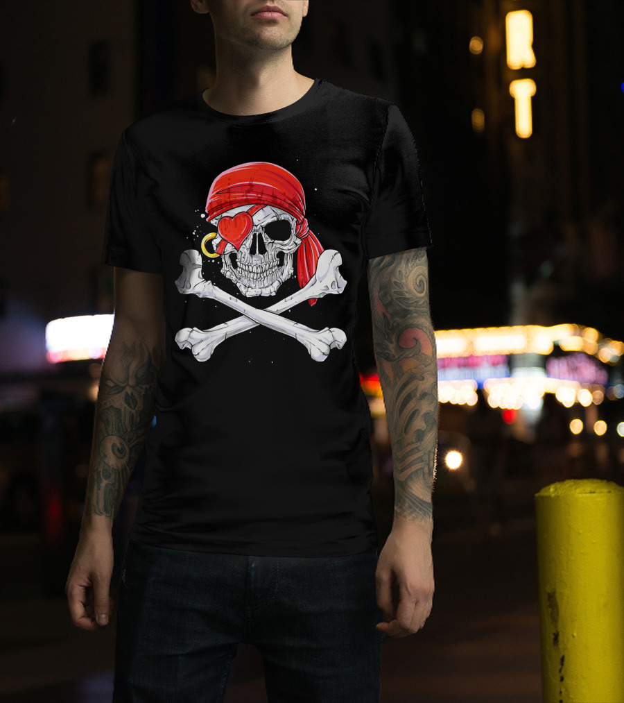 Valentines Day Pirate Skull With Red Bandana And Heart Eye Patch For Him T-Shirt