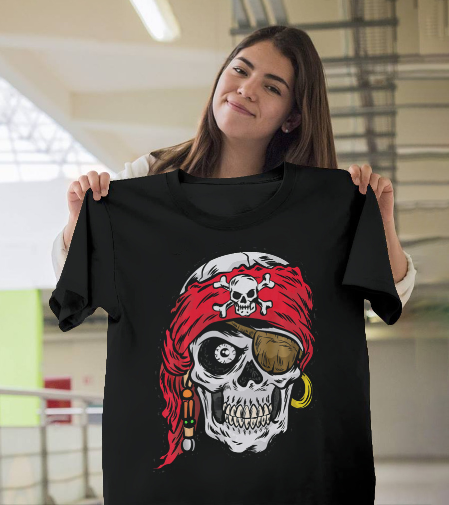 Pirate Skull with Red Bandana and Crossbones Eye Patch Jolly Roger T-Shirt