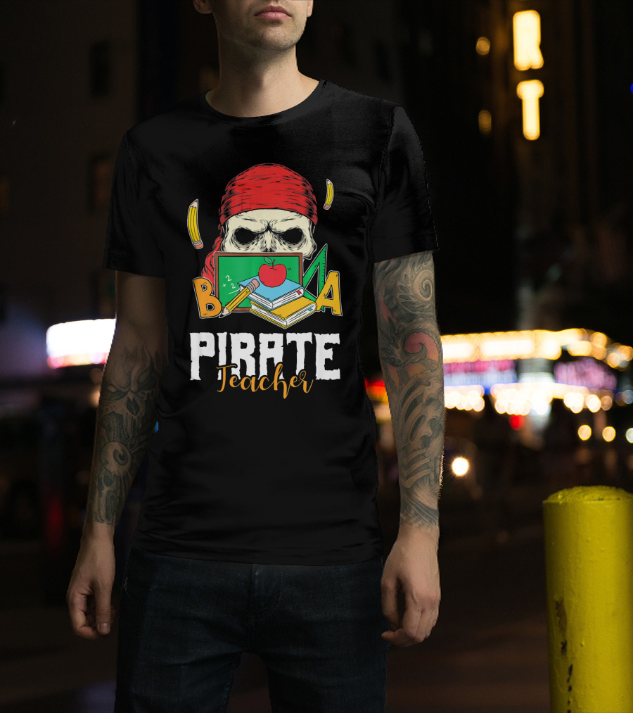 Pirate Teacher Skull Chalkboard Apple Pencils Books Bandana T-Shirt