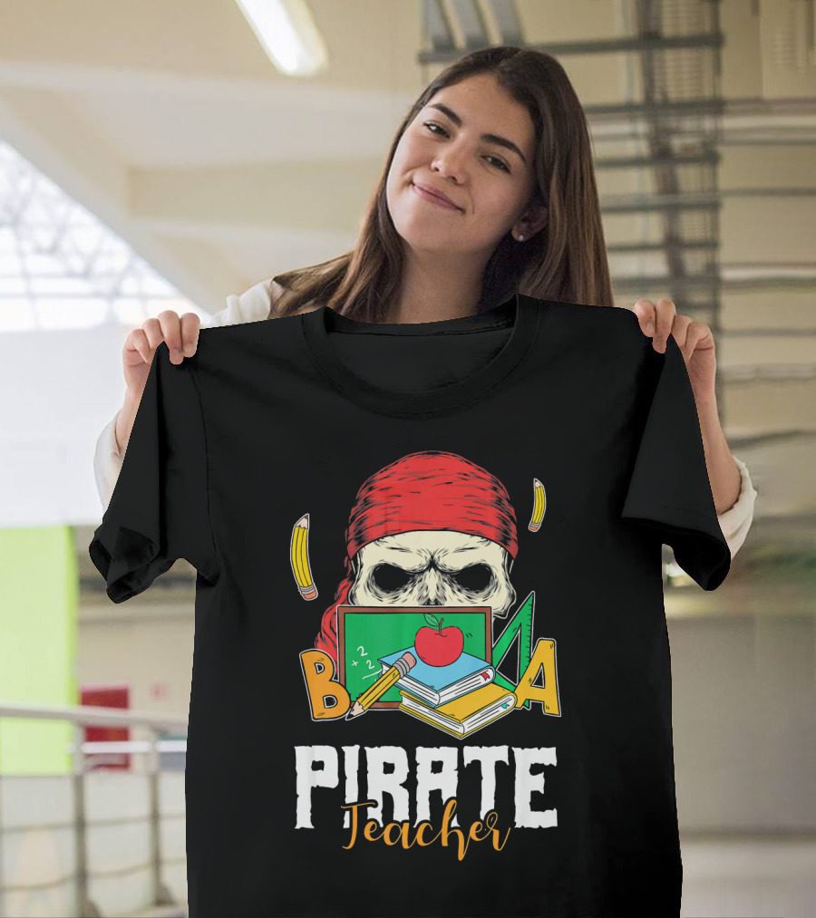 Pirate Teacher Skull Chalkboard Apple Pencils Books Bandana T-Shirt