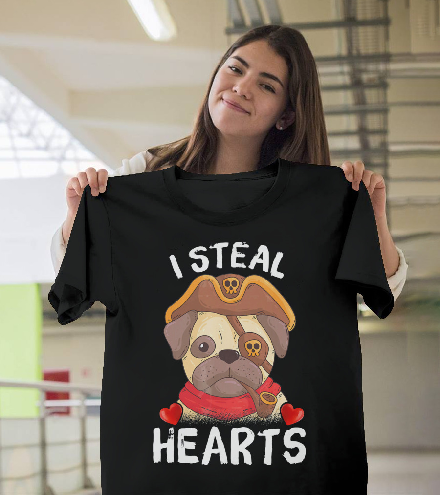 I Steal Hearts Valentines Day Pirate Pug With Pipe And Eyepatch T-Shirt