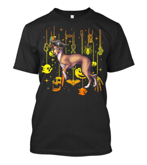Italian Greyhound Pirate Dog With Halloween Ghosts And Skulls T-Shirt