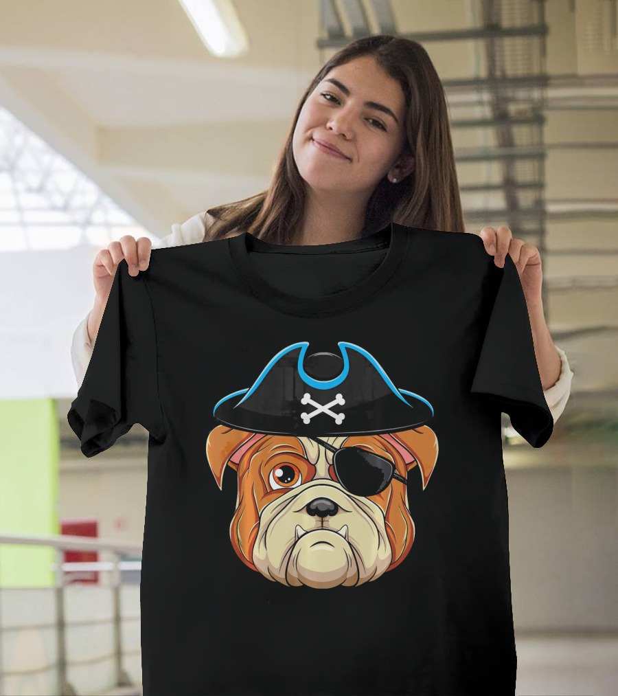 English Bulldog Pirate Hat Eye Patch Skull Crossbones T-Shirt