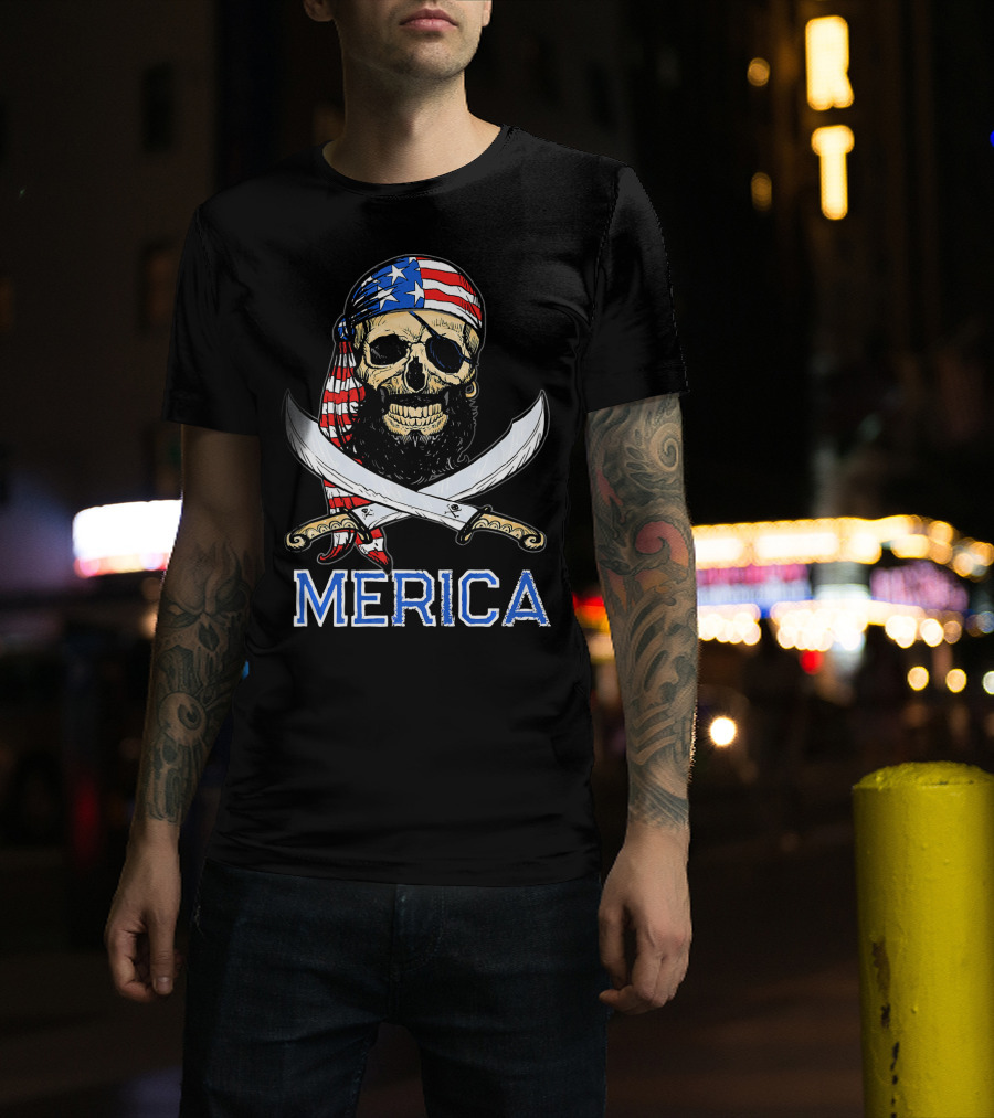MERICA Bearded Pirate Skull With American Flag Bandana And Crossed Swords T-Shirt