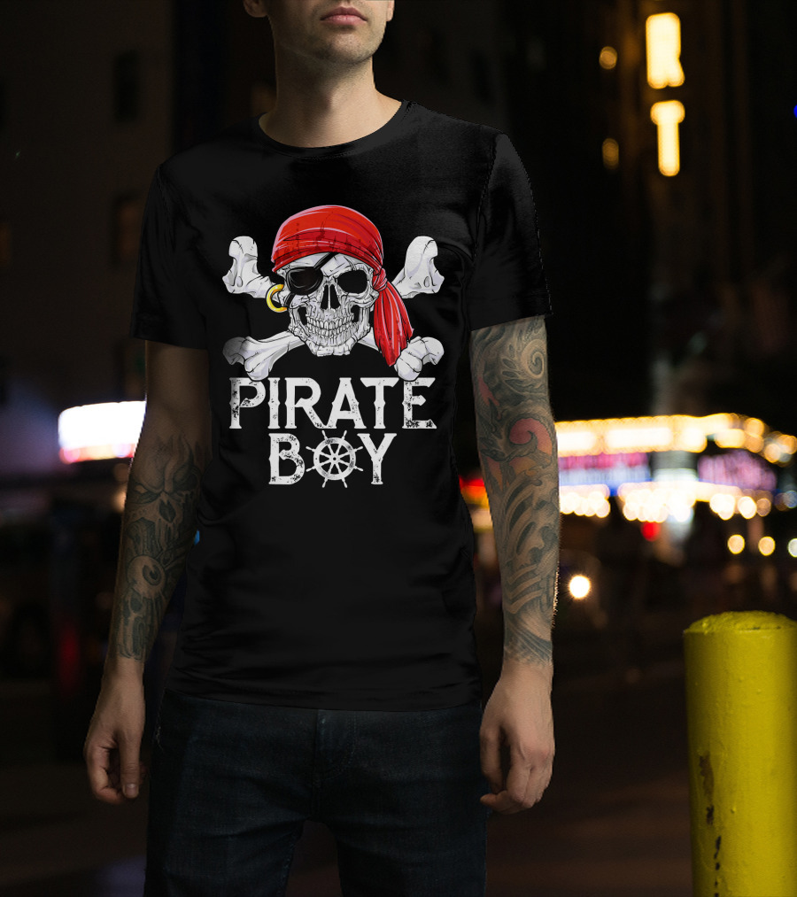 Pirate Boy Jolly Roger Skull With Red Bandana And Crossbones T-Shirt