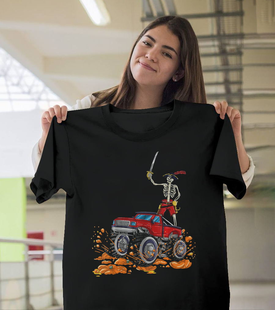 Halloween Skeleton Pirate Riding Monster Truck Over Pumpkins T-Shirt