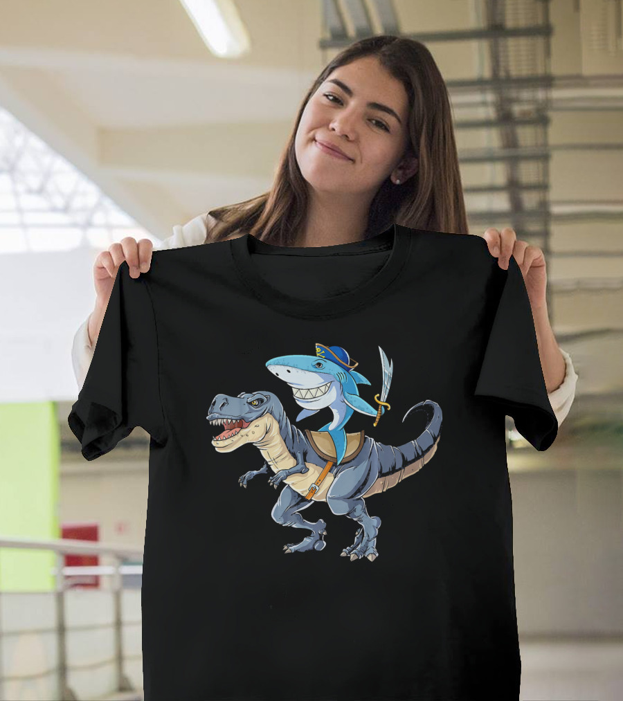 Shark Riding Dinosaur Rex Pirate with Sword T-Shirt