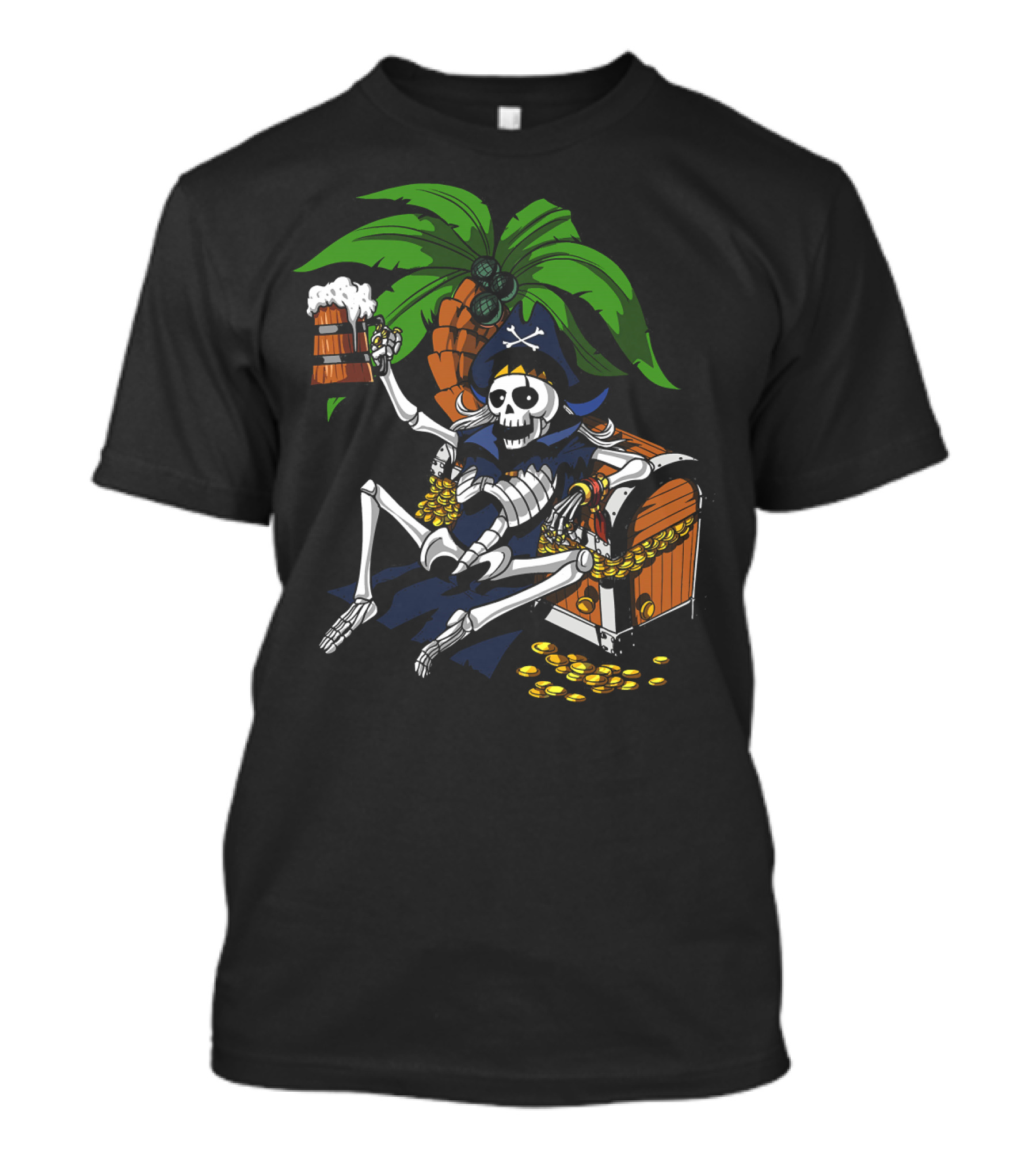 Skeleton Pirate Toasting With Treasure Chest Palm Tree Scene T-Shirt