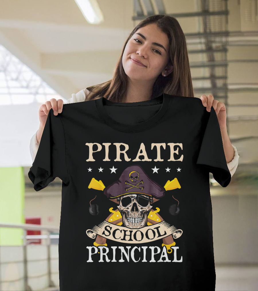 Pirate Skull Crossbones Hat School Principal Banner Swords Bombs T-Shirt