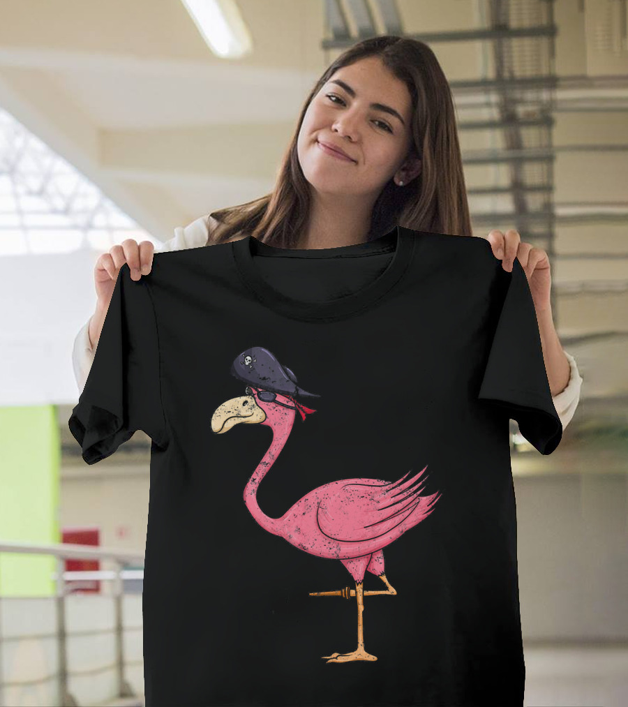 Vintage Pink Flamingo Pirate With Eyepatch And Skull Hat T-Shirt