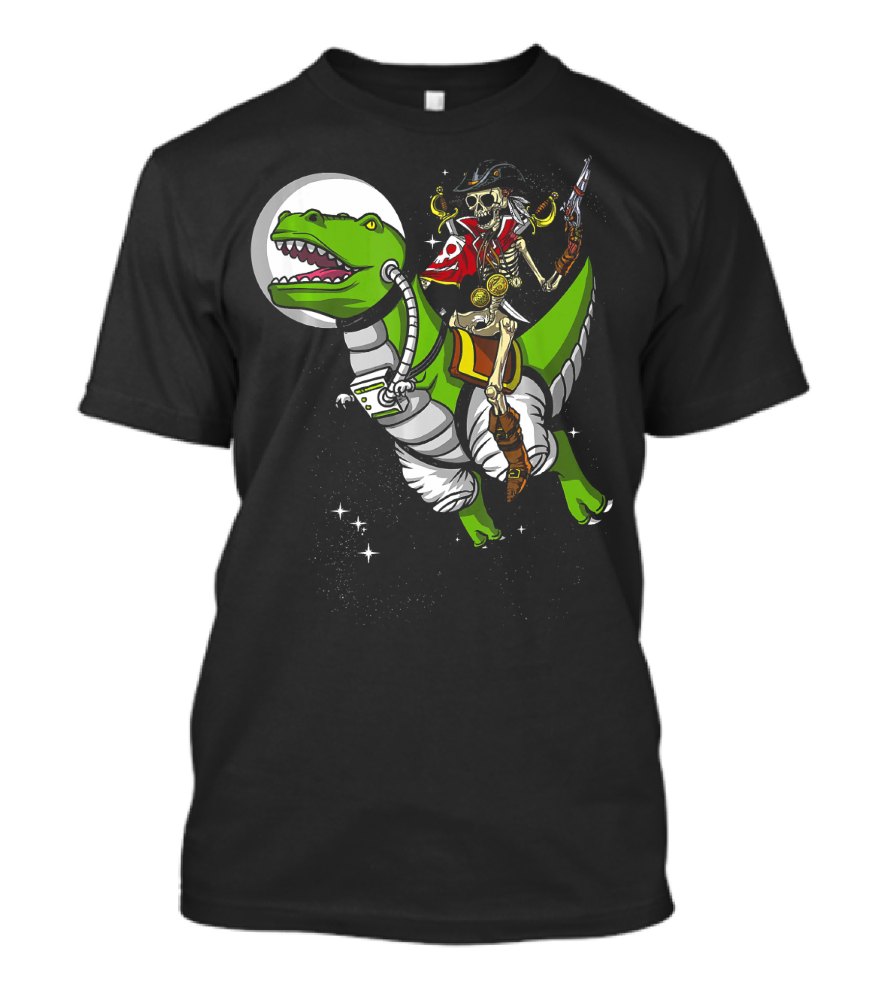 Skeleton Pirate Riding T-Rex Dinosaur With Spacesuit And Blaster T-Shirt