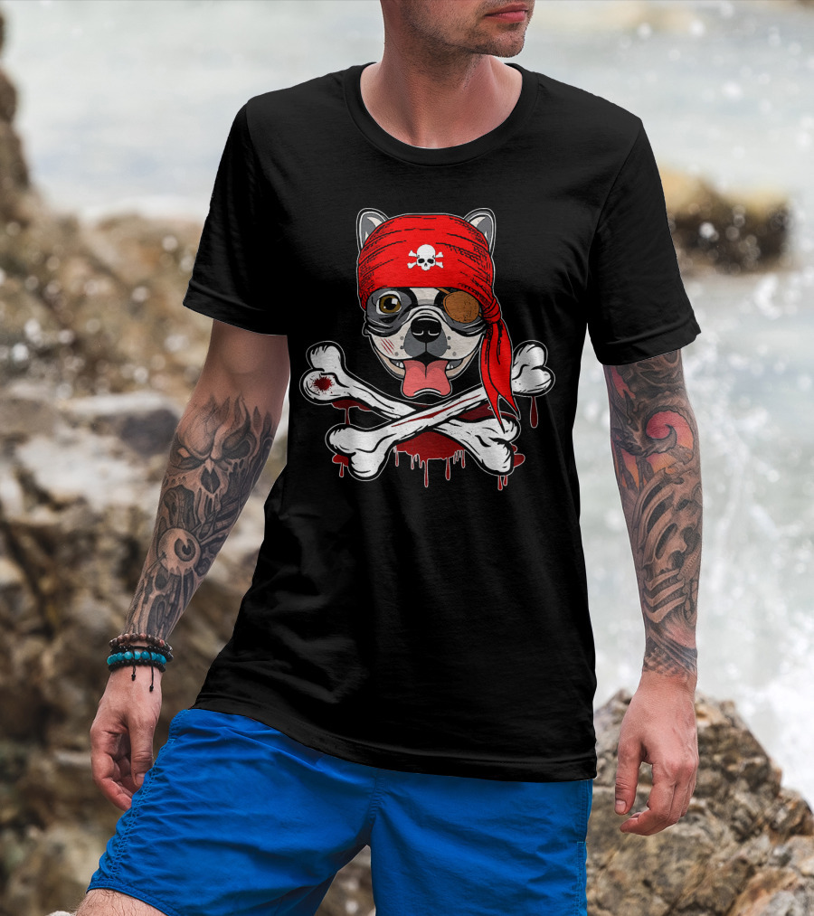 Funny Pirate French Bulldog With Skull Bandana And Crossbones T-Shirt