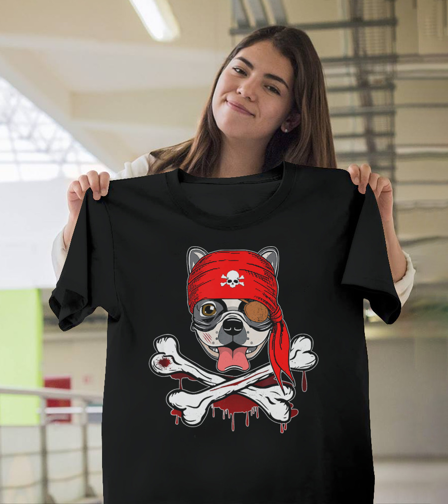 Funny Pirate French Bulldog With Skull Bandana And Crossbones T-Shirt