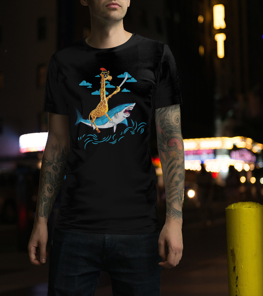Giraffe Pirate Riding Shark With Sword Adventure T-Shirt