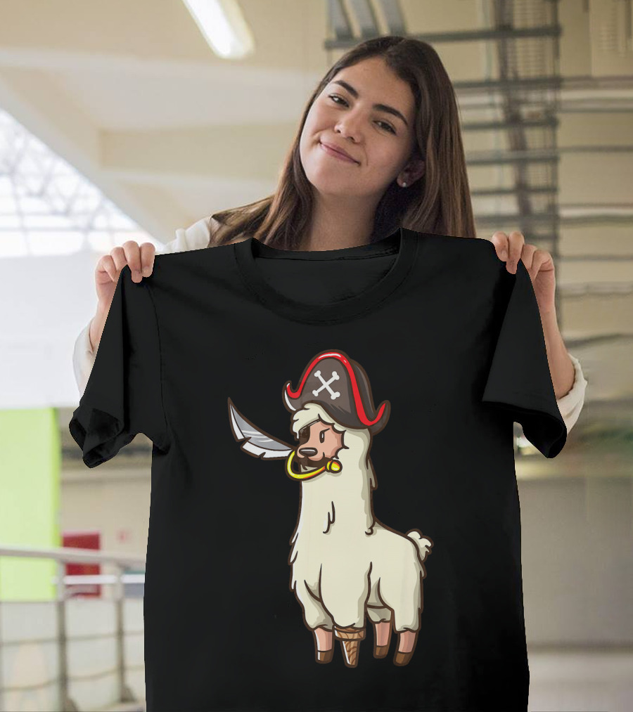 Pirate Llama With Hat And Sword Halloween Party T-Shirt