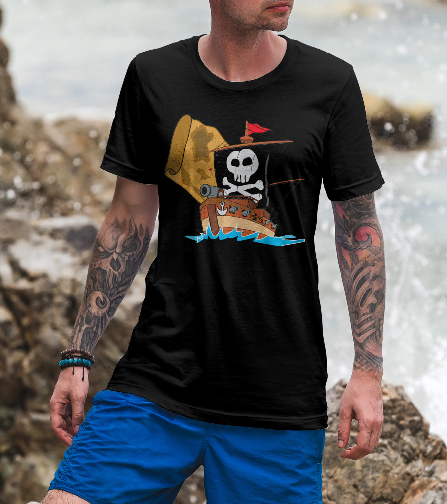 Pirate Ship With Jolly Roger And Treasure Map T-Shirt