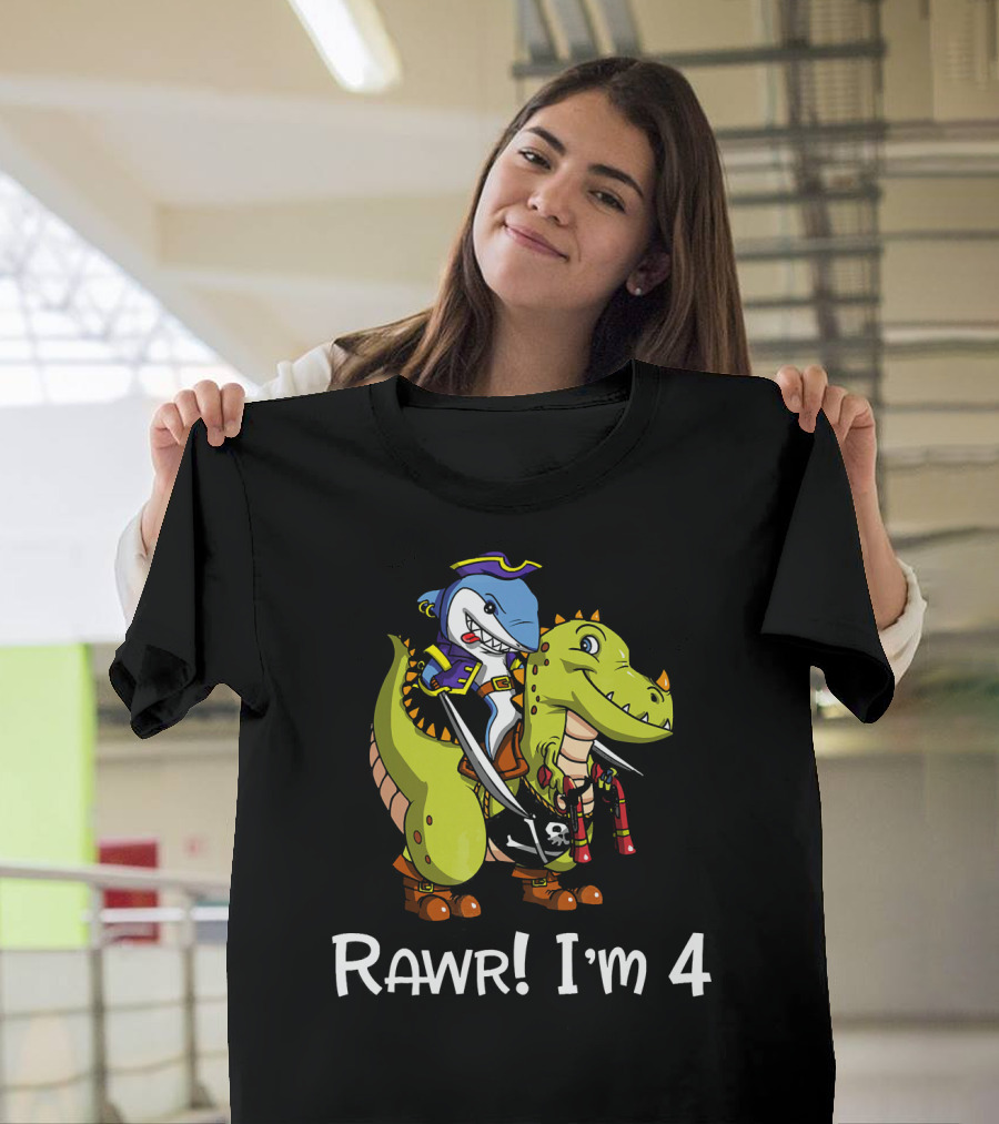 Rawr Dinosaur Shark Pirate Birthday Party I'm 4 T-Shirt