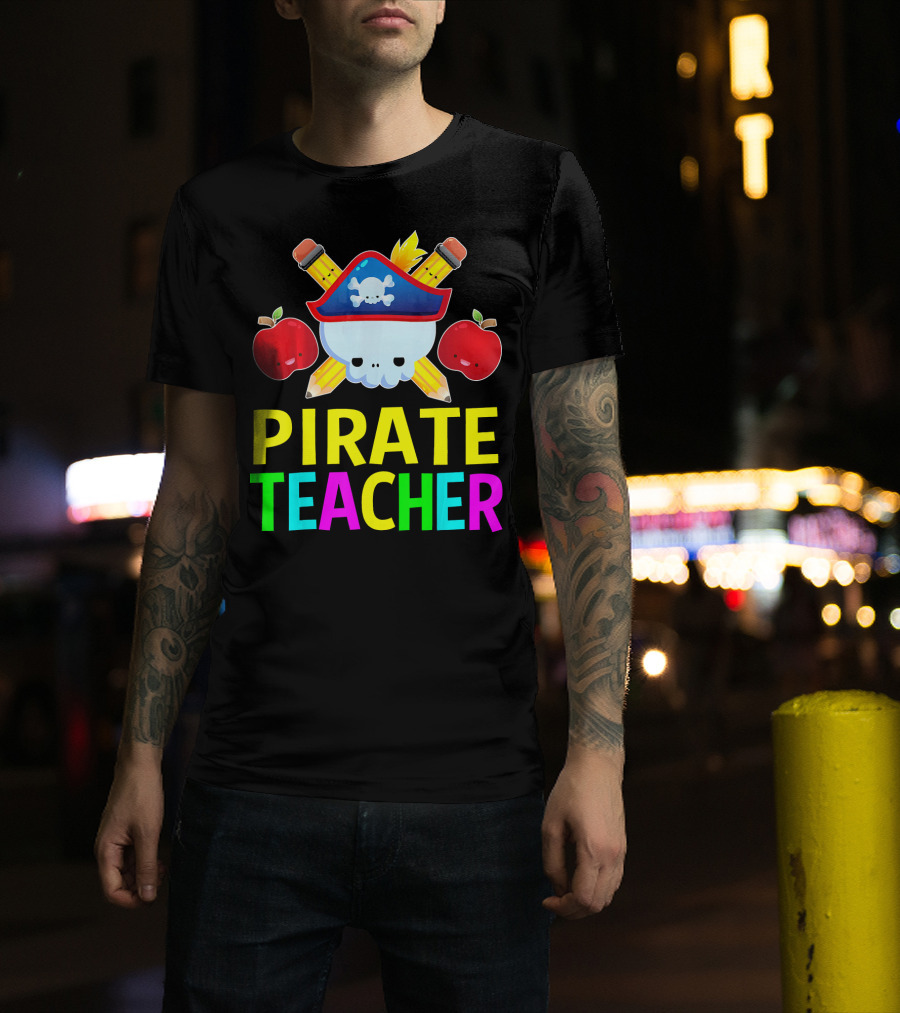 Pirate Teacher Halloween Costume Skull Pencils Apples T-Shirt