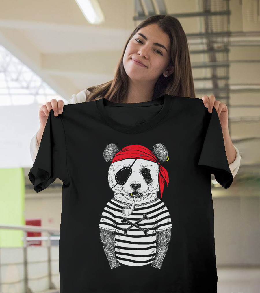 Panda Bear Pirate Wearing Striped Shirt With Red Bandana And Eye Patch T-Shirt