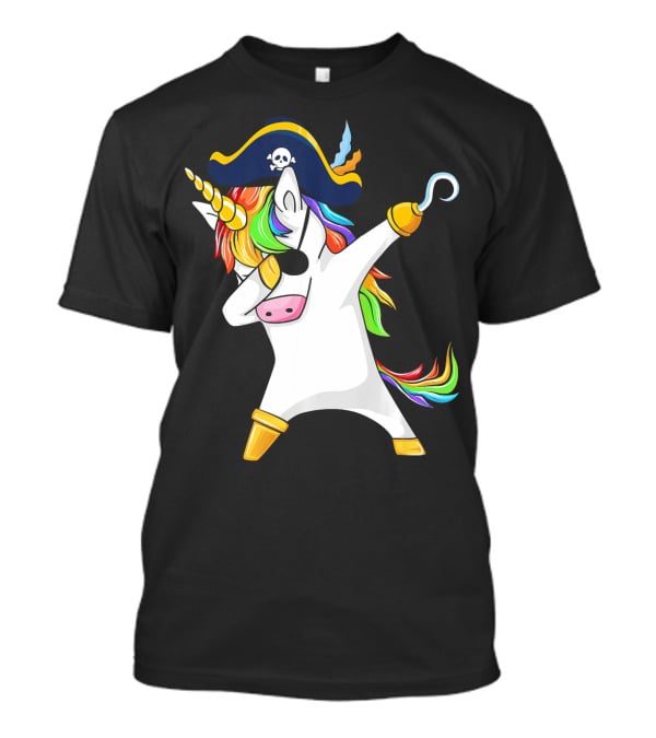 Funny Dabbing Unicorn Pirate With Rainbow Hair And Skull Hat T-Shirt