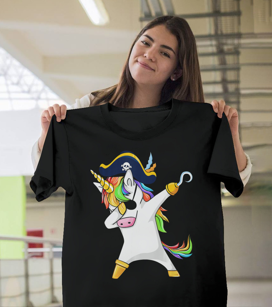 Funny Dabbing Unicorn Pirate With Rainbow Hair And Skull Hat T-Shirt