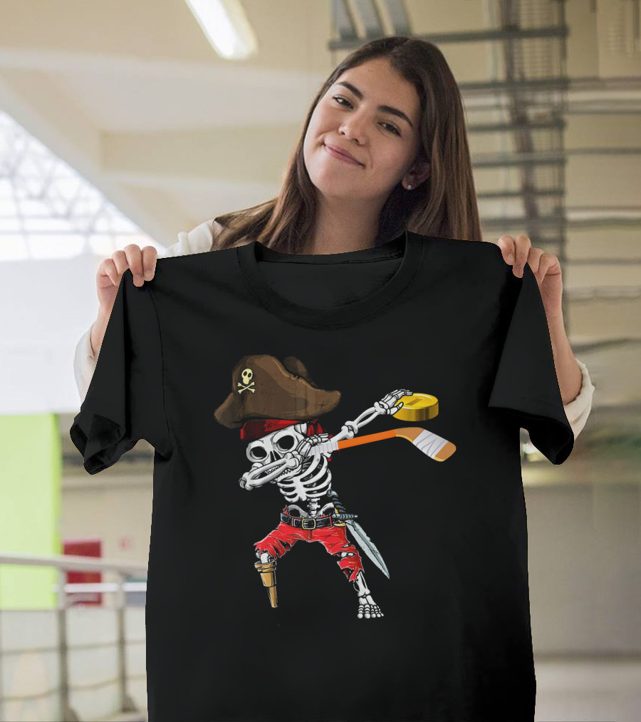 Dabbing Skeleton Jolly Roger Pirate Hockey Stick Ice T-Shirt