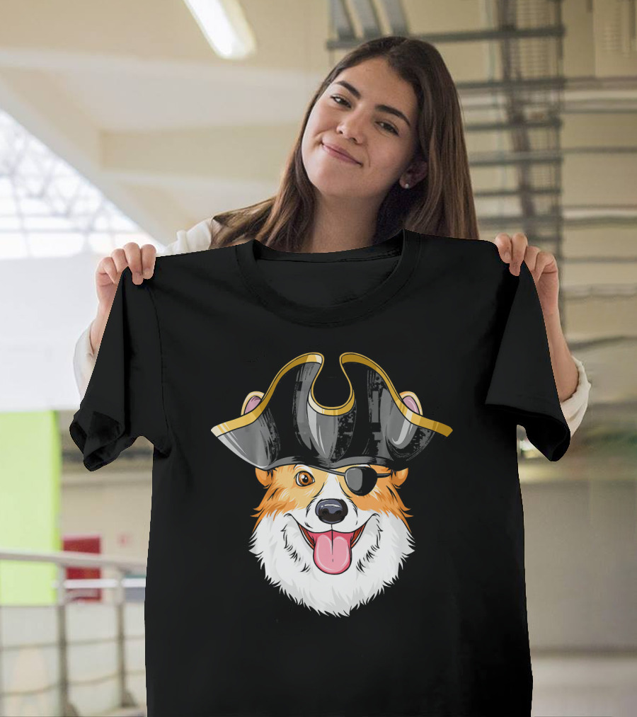Pirate Corgi Wearing Black Tricorn Hat and Eye Patch T-Shirt